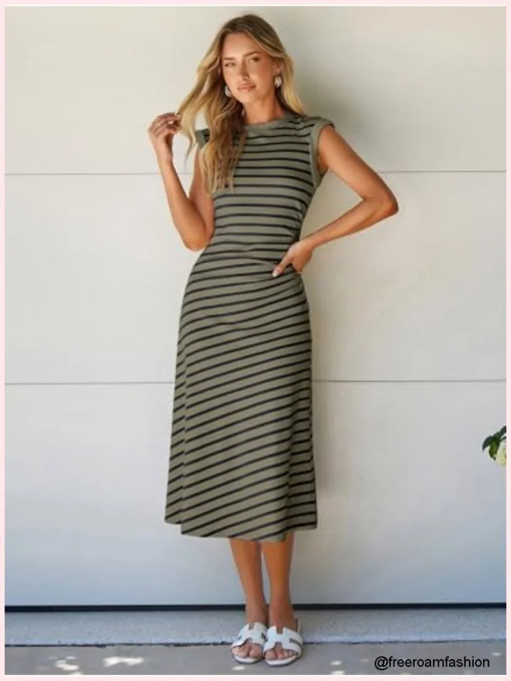 Women's Striped A-Line Midi Dress Cap Sleeve Casual Summer Dress Soft Stretch